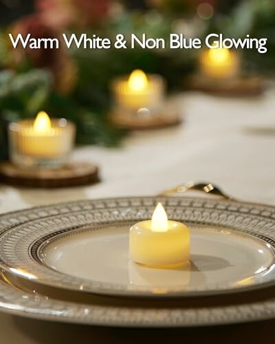 Table setting with LED candles on plates.