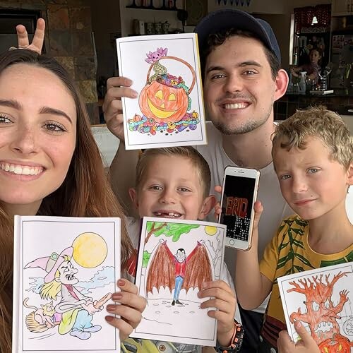 Family showing Halloween-themed coloring pages.