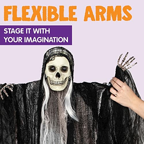 Skeleton figure with flexible arms and hand adjusting arm.