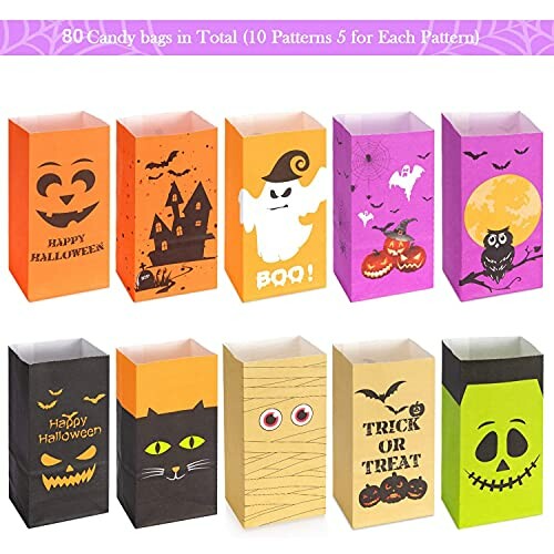 Colorful Halloween-themed candy bags with various designs.