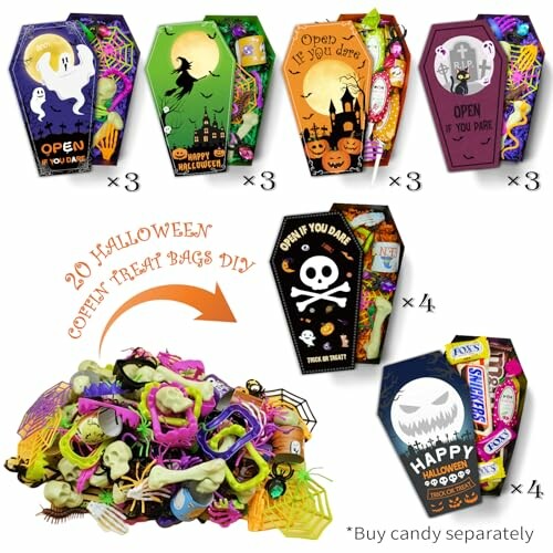 Assorted Halloween coffin treat bags and toys, with a spooky theme.