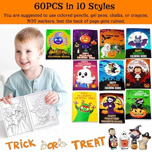 Child holding Halloween-themed coloring book with 10 styles displayed.