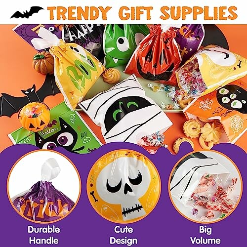 Colorful Halloween-themed gift bags with ghost, mummy, and pumpkin designs.