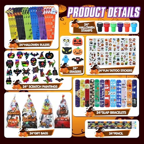 Halloween party favor set with stamps, rulers, erasers, tattoos, scratch paintings, bracelets, gift bags, and pencils.