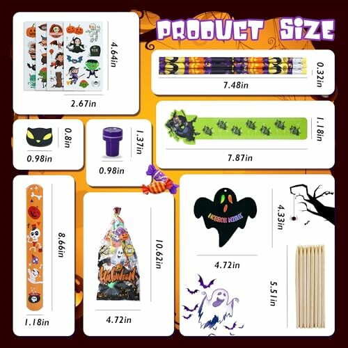 Halloween-themed party favors with size measurements.