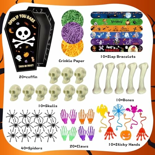 Halloween party supplies including coffin boxes, crinkle paper, slap bracelets, skulls, bones, spiders, claws, and sticky hands.