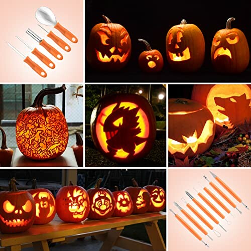 Collage of pumpkin carving tools and various carved pumpkins with glowing designs.