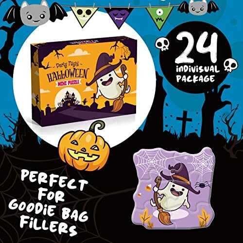 Halloween-themed puzzle set with ghost and witch illustration.