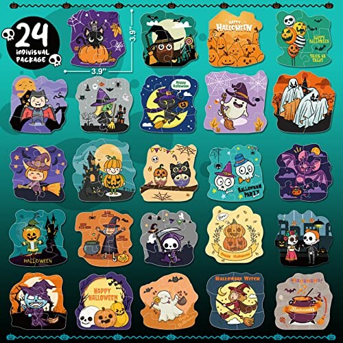 Assorted Halloween-themed stickers with characters like witches, ghosts, and pumpkins.