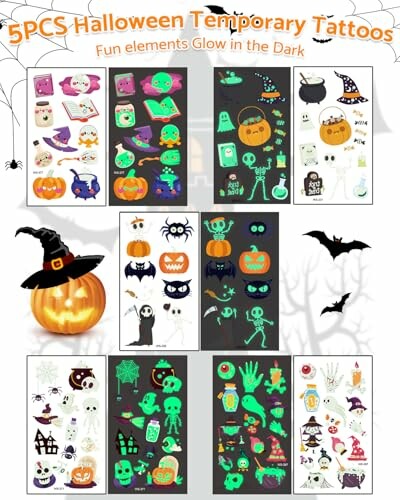 Various Halloween-themed temporary tattoos with glow-in-the-dark elements.