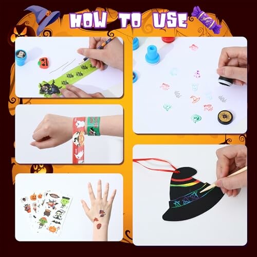 Instructions for a Halloween-themed craft activity with stamps and decorations.