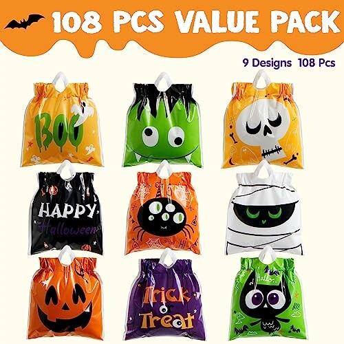 108 piece Halloween treat bags with spooky designs.