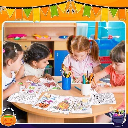 Children coloring Halloween-themed pages at a table.