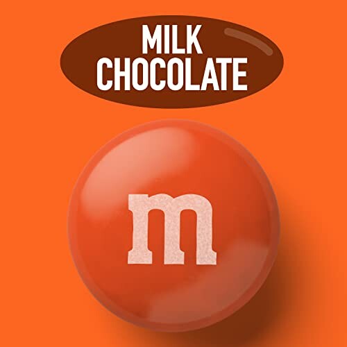 Orange candy with white 'm' under 'Milk Chocolate' label.