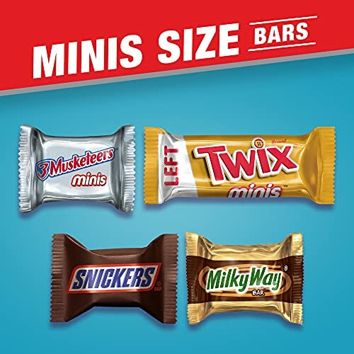 Assorted mini chocolate bars: 3 Musketeers, Twix, Snickers, Milky Way.