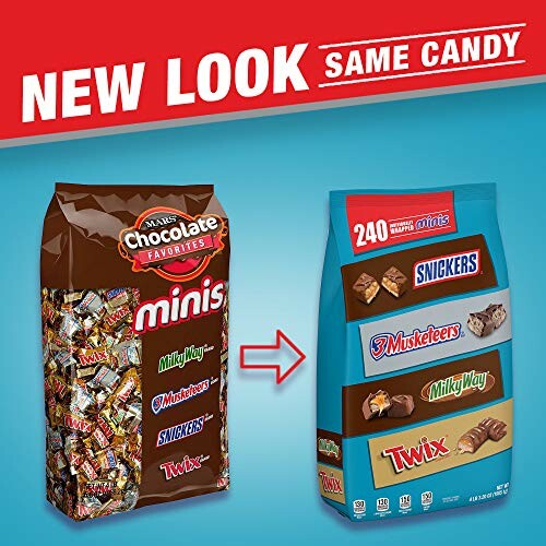 Comparison of old and new packaging for assorted chocolate minis.