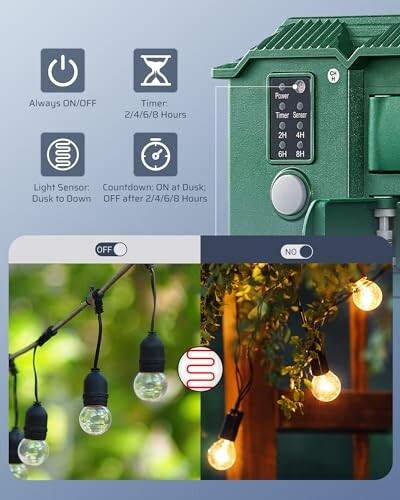 Outdoor light timer with settings for always ON/OFF, timer, and light sensor.