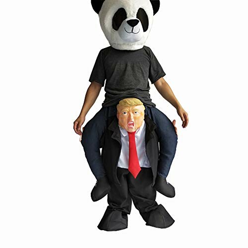 Person wearing a panda head and a costume with a suit and red tie