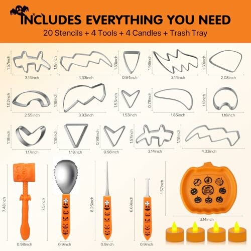 Pumpkin carving kit with stencils, tools, candles, and tray.