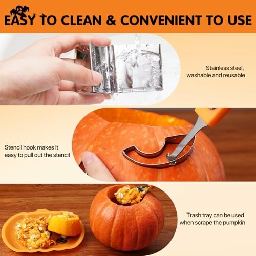 Pumpkin carving kit with stencil and tools, easy to clean and use.