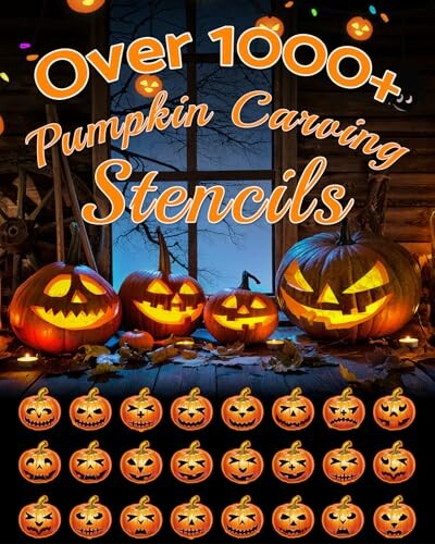 Halloween-themed image with pumpkins and carving stencils.