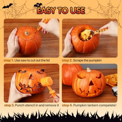 Four steps for carving a pumpkin with tools.