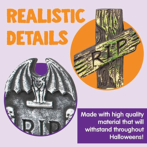 Close-up of Halloween tombstone decorations with realistic details and text.