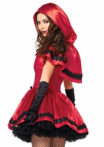 Woman in red riding hood costume with black gloves