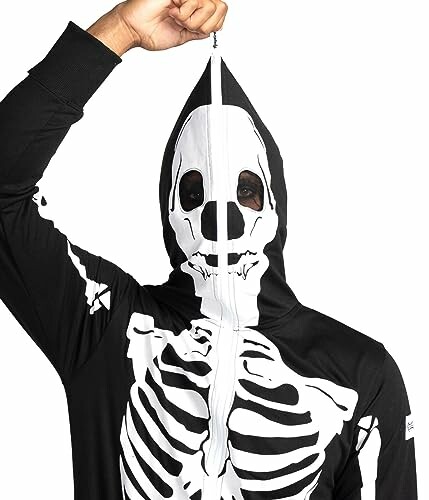 Person wearing a skeleton hoodie with zipped hood up