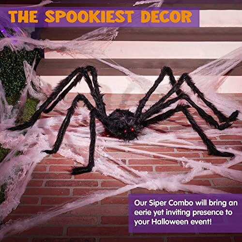 Large spider decoration with webbing for Halloween.