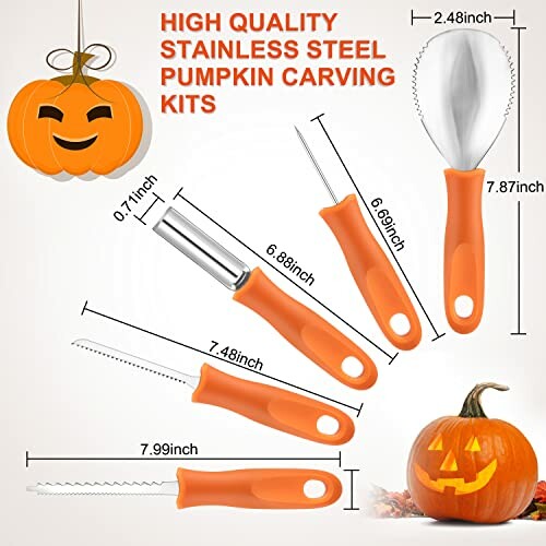 Stainless steel pumpkin carving kits with orange handles and measurement details.