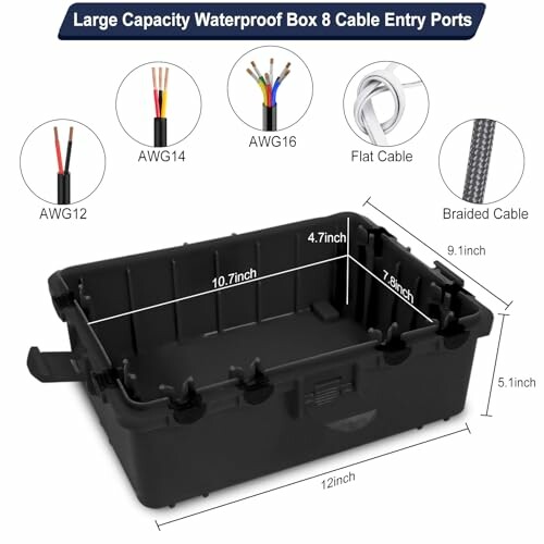 Large capacity waterproof cable box with multiple cable entry ports and dimensions labeled.