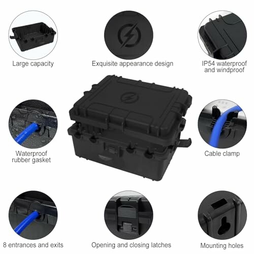 Black waterproof cable box with features like large capacity, IP54 waterproofing, cable clamp, and mounting holes.