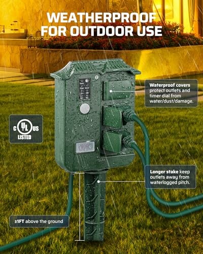 Weatherproof outdoor power outlet with protective covers and long stake for elevated placement.