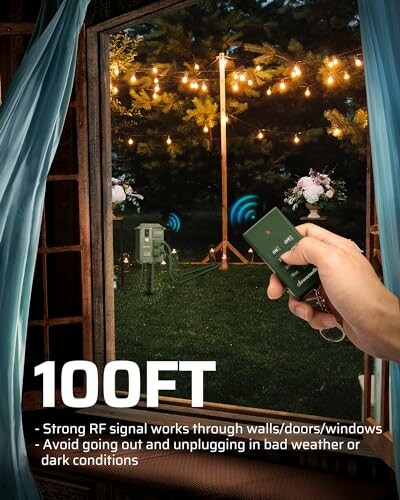 Hand holding remote control for outdoor string lights with 100ft range.