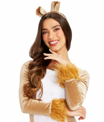 Woman smiling in a deer costume with fur accents